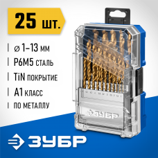 ЗУБР  ТИТАН 25шт (1-13мм) сталь Р6М5, класс А, титановое покрытие, пласт.бокс, набор сверл по металлу (29617-H25)
