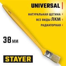 STAYER UNIVERSAL, 38 мм, 1,5", щетина светлая натуральная, пластмассовая ручка, все виды ЛКМ, радиаторная кисть (0110-38_z01) STAYER UNIVERSAL, 38 мм, 1,5", щетина светлая натуральная, пластмассовая ручка, все виды ЛКМ, радиаторная кисть (0110-38_z01)