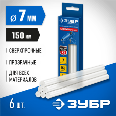 ЗУБР 6 шт., 50 г, 7 х 150 мм (7-8 мм), прозрачные, сверхпрочные клеевые стержни 06855-6 Профессионал ЗУБР 6 шт., 50 г, 7 х 150 мм (7-8 мм), прозрачные, сверхпрочные клеевые стержни 06855-6 Профессионал