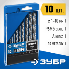 ЗУБР 10 шт. (Ø 1-10 мм), класс А, Р6М5, набор сверл по металлу 29625-H10 Профессионал ЗУБР 10 шт. (Ø 1-10 мм), класс А, Р6М5, набор сверл по металлу 29625-H10 Профессионал