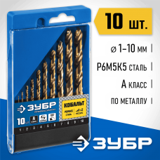 ЗУБР 10 шт. (Ø 1-10 мм), класс А, Р6М5К5, набор сверл по металлу 29626-H10_z01 Профессионал ЗУБР 10 шт. (Ø 1-10 мм), класс А, Р6М5К5, набор сверл по металлу 29626-H10_z01 Профессионал