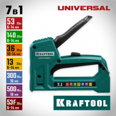KRAFTOOL Universal 7-в-1: 53 (A/10/JT21) 23GA(6-14мм) / 140 (G/11/57) 20GA(8-14 мм)/13/ 53F/36/500, универсальный легкий степлер (31524) KRAFTOOL Universal 7-в-1: 53 (A/10/JT21) 23GA(6-14мм) / 140 (G/11/57) 20GA(8-14 мм)/13/ 53F/36/500, универсальный легкий степлер (31524)