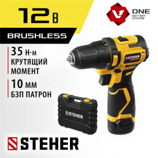 STEHER 12 В, 35 Нм, 1 АКБ (2 Ач), бесщеточная дрель-шуруповерт, кейс (CDB-120-1) STEHER 12 В, 35 Нм, 1 АКБ (2 Ач), бесщеточная дрель-шуруповерт, кейс (CDB-120-1)