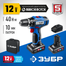 ЗУБР 12 В, 2 АКБ (4Ач), в сумке, дрель-шуруповерт DL-121-42 Профессионал ЗУБР 12 В, 2 АКБ (4Ач), в сумке, дрель-шуруповерт DL-121-42 Профессионал