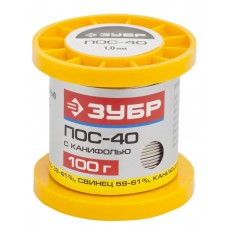 ЗУБР 100 г, ПОС 40, трубка с канифолью, 1 мм, припой 55451-100-10C ЗУБР 100 г, ПОС 40, трубка с канифолью, 1 мм, припой 55451-100-10C
