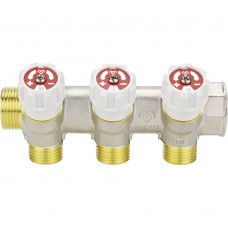 Коллектор распределительный VARMEGA с запорными клапанами 3/4 х3/4, 3 выхода, евро конус Коллектор распределительный VARMEGA с запорными клапанами 3/4 х3/4, 3 выхода, евро конус