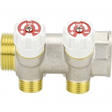 Коллектор распределительный VARMEGA с запорными клапанами 1х3/4, 2 выхода, евро конус Коллектор распределительный VARMEGA с запорными клапанами 1х3/4, 2 выхода, евро конус