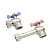 Комплект двух угловых никелирован. шаровых кранов G1" для коллекторов Комплект двух угловых никелирован. шаровых кранов G1" для коллекторов