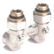 Пара шаровых кранов REHAU с соед. нип. G 1/2xG 3/4, угловой (никелирован.) Пара шаровых кранов REHAU с соед. нип. G 1/2xG 3/4, угловой (никелирован.)