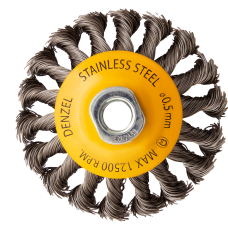 Щетка для УШМ DENZEL 746093, 100 мм, «тарелка», крученая нержавеющая проволока 0.5 мм, М14 Щетка для УШМ DENZEL 746093, 100 мм, «тарелка», крученая нержавеющая проволока 0.5 мм, М14