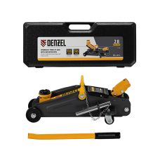 Домкрат гидравлический DENZEL подкатной с фиксатором, 2,8 т, 135-385 мм, в кейсе Домкрат гидравлический DENZEL подкатной с фиксатором, 2,8 т, 135-385 мм, в кейсе